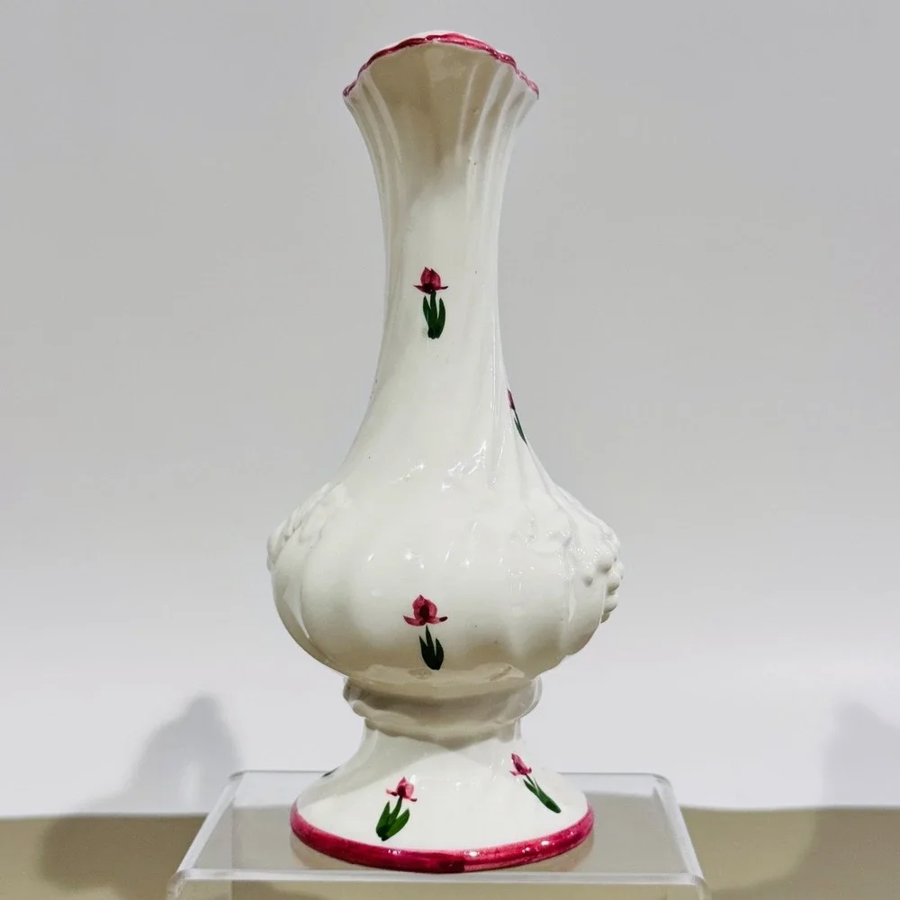 Vintage White‎ Pitcher W Hand Painted Red Flowers Bud Flower Vase Scalloped Rim